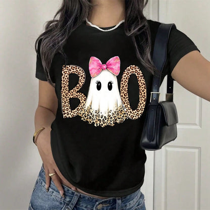 Women Short Sleeve T Shirt Black Leopard Print Boo Ghost With Pink Bow Halloween Party Top