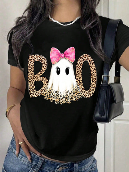 Women Short Sleeve T Shirt Black Leopard Print Boo Ghost With Pink Bow Halloween Party Top