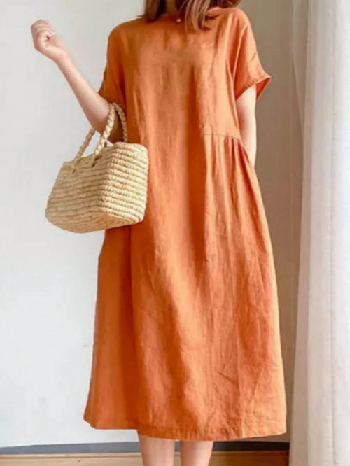 Women Solid Color Midi Dress With Short Sleeves, Minimalist & Fashionable, Suitable For Spring & Summer Elegant