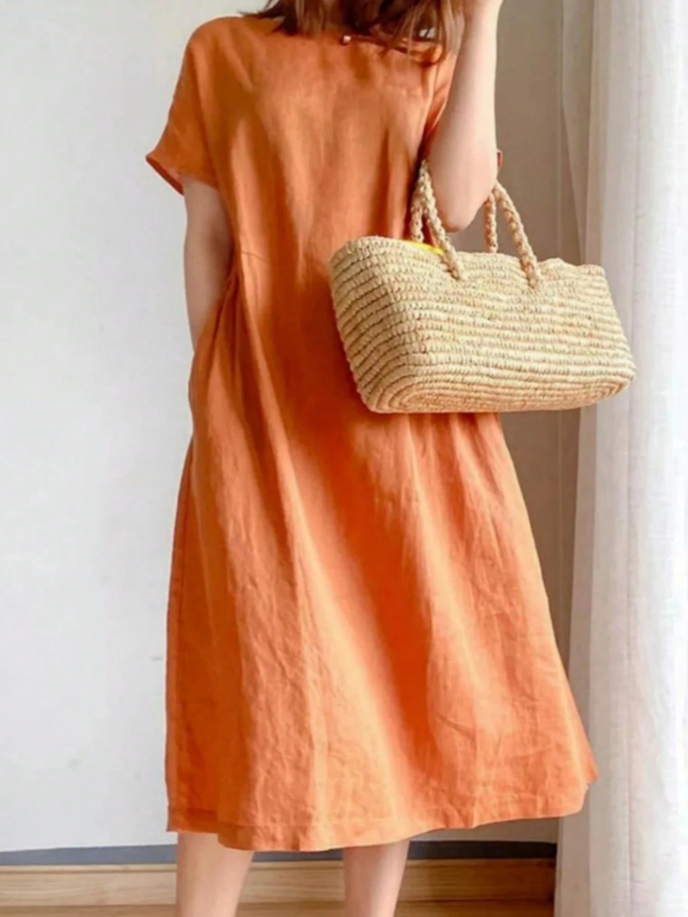 Women Solid Color Midi Dress With Short Sleeves, Minimalist & Fashionable, Suitable For Spring & Summer Elegant
