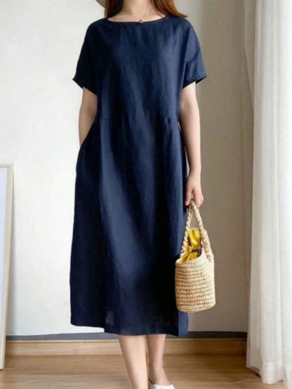 Women Solid Color Midi Dress With Short Sleeves, Minimalist & Fashionable, Suitable For Spring & Summer Elegant