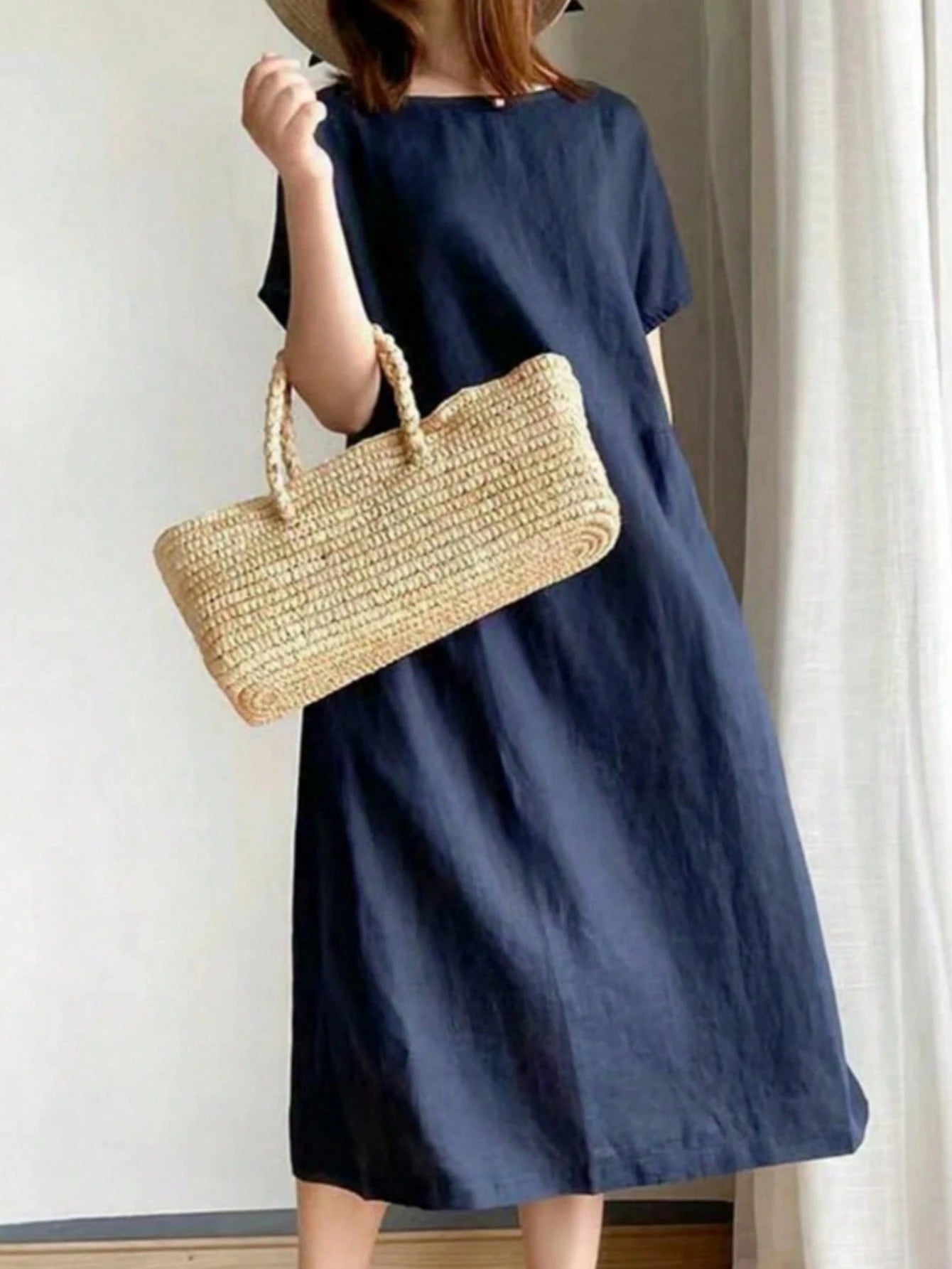 Women Solid Color Midi Dress With Short Sleeves, Minimalist & Fashionable, Suitable For Spring & Summer Elegant