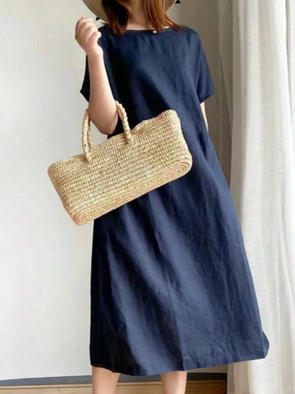 Women Solid Color Midi Dress With Short Sleeves, Minimalist & Fashionable, Suitable For Spring & Summer Elegant