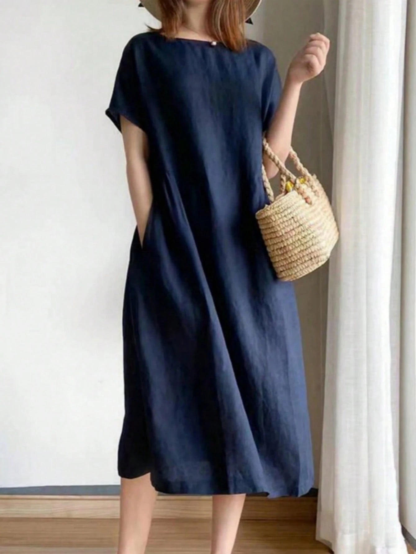 Women Solid Color Midi Dress With Short Sleeves, Minimalist & Fashionable, Suitable For Spring & Summer Elegant