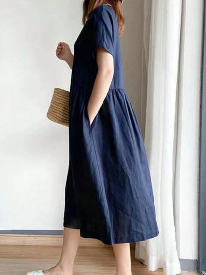 Women Solid Color Midi Dress With Short Sleeves, Minimalist & Fashionable, Suitable For Spring & Summer Elegant