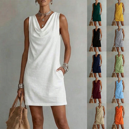 Women Solid Cowl Neck Sleeveless Mini Dress Side Pockets Loose Casual Summer Beach Cover Up Shift Dress