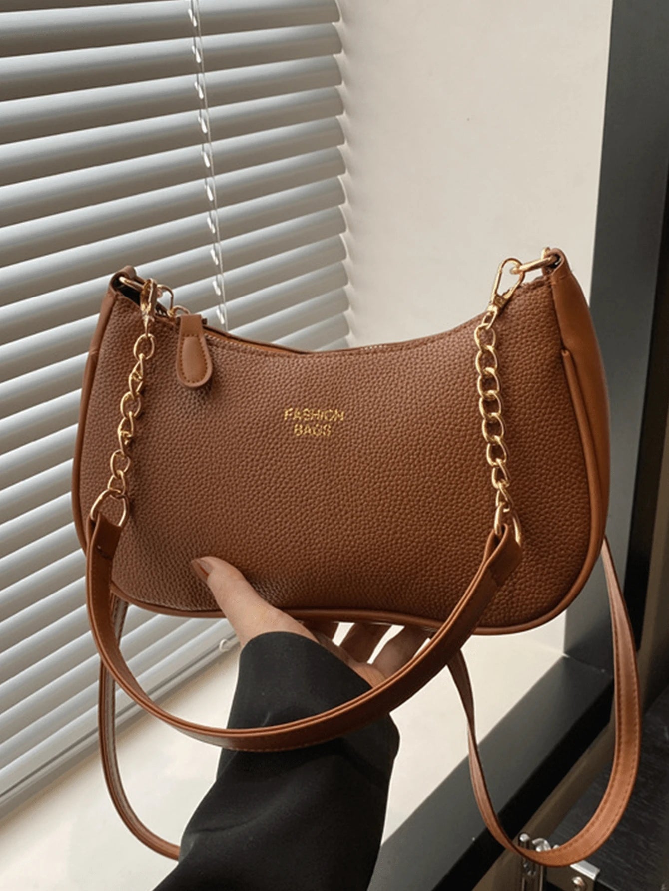 Women Stylish Brown Pebbled Chain Crescent Underarm Shoulder Crossbody Bag, Mini Zipper Closure, Purse Shape Retention, Work Commuter Everyday Use.