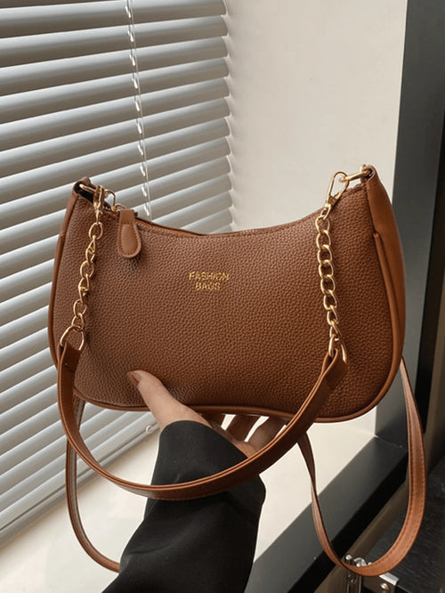 Women Stylish Brown Pebbled Chain Crescent Underarm Shoulder Crossbody Bag, Mini Zipper Closure, Purse Shape Retention, Work Commuter Everyday Use.