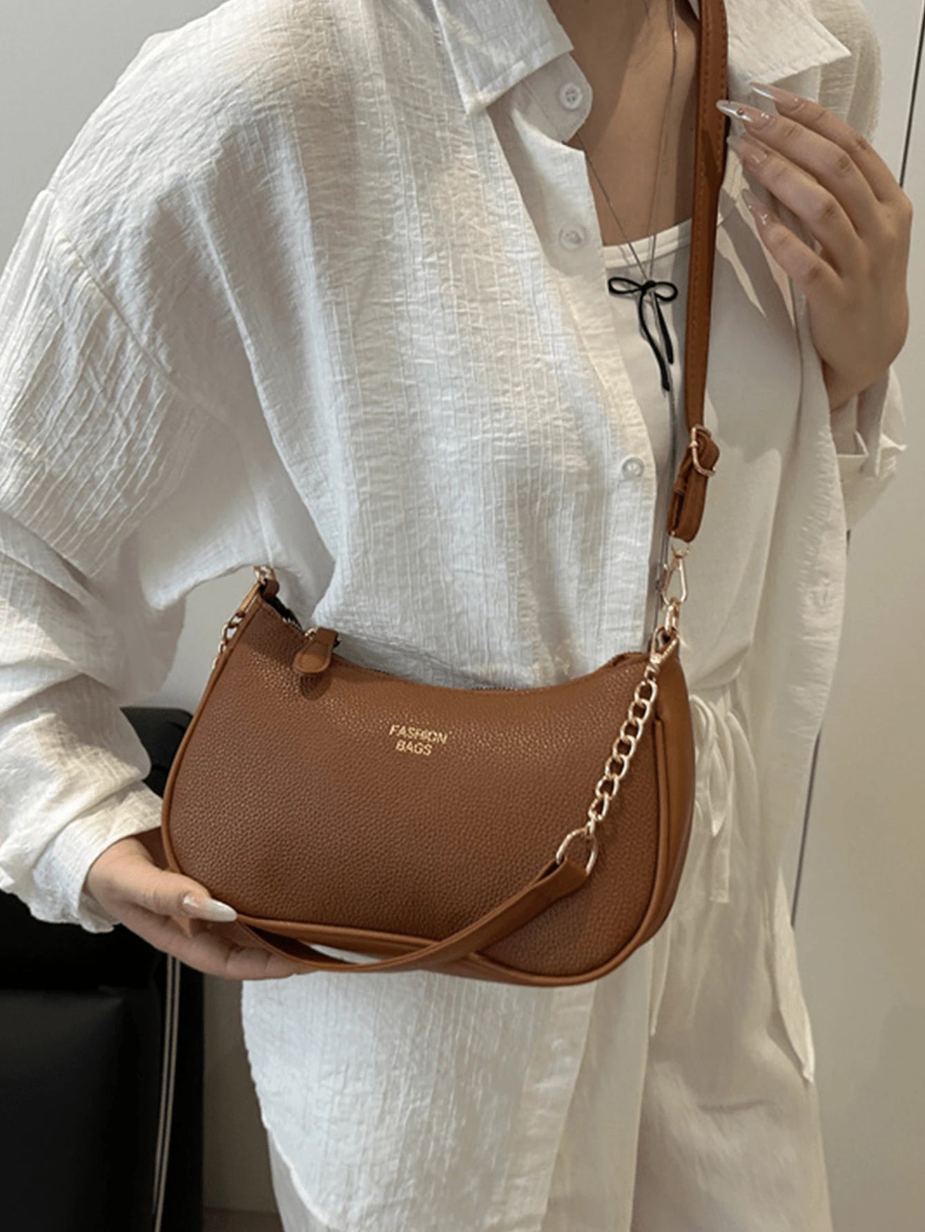 Women Stylish Brown Pebbled Chain Crescent Underarm Shoulder Crossbody Bag, Mini Zipper Closure, Purse Shape Retention, Work Commuter Everyday Use.