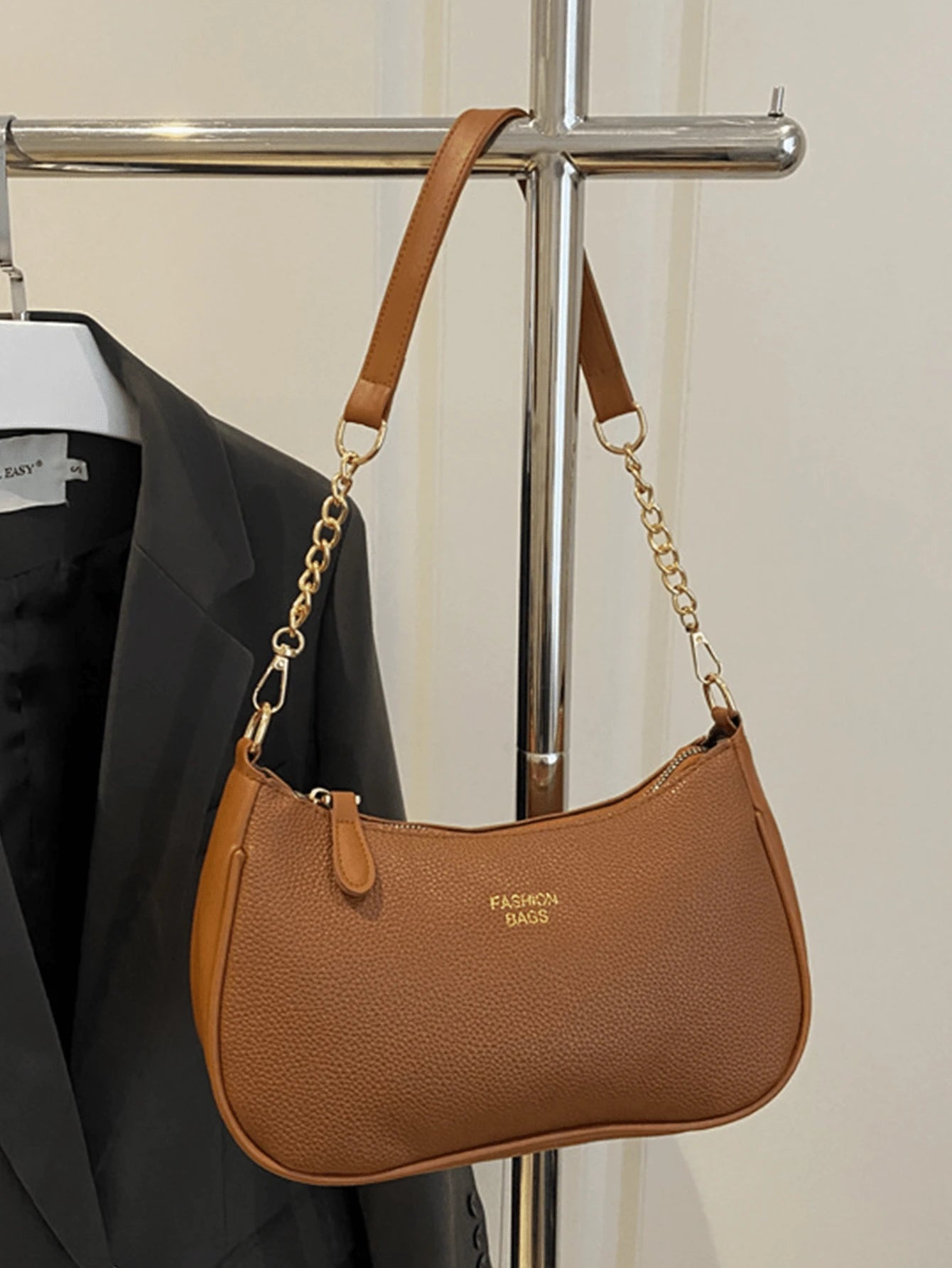 Women Stylish Brown Pebbled Chain Crescent Underarm Shoulder Crossbody Bag, Mini Zipper Closure, Purse Shape Retention, Work Commuter Everyday Use.