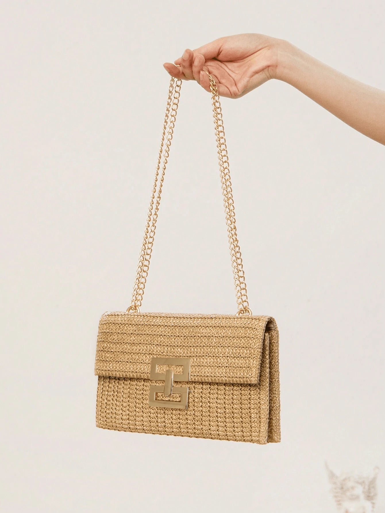 Women Twist Lock Flap Straw Beach Bag Chain Woven Purse Clutch