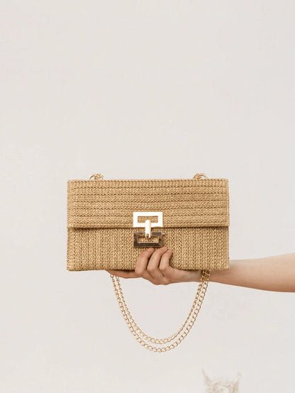 Women Twist Lock Flap Straw Beach Bag Chain Woven Purse Clutch