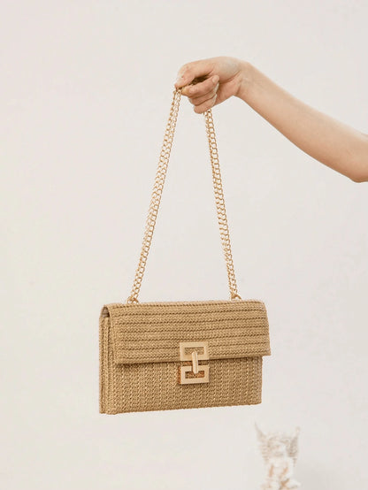 Women Twist Lock Flap Straw Beach Bag Chain Woven Purse Clutch