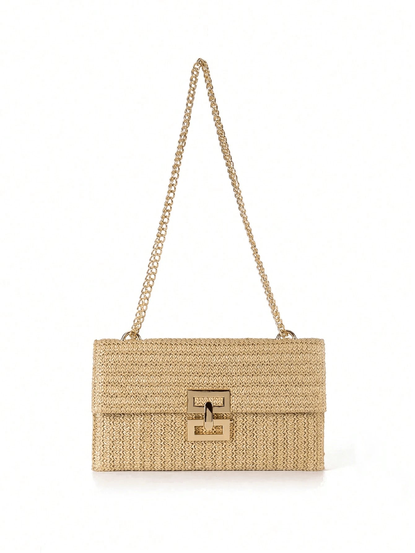 Women Twist Lock Flap Straw Beach Bag Chain Woven Purse Clutch