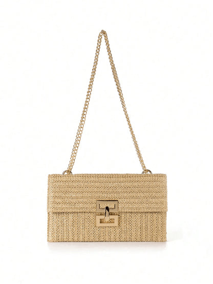 Women Twist Lock Flap Straw Beach Bag Chain Woven Purse Clutch