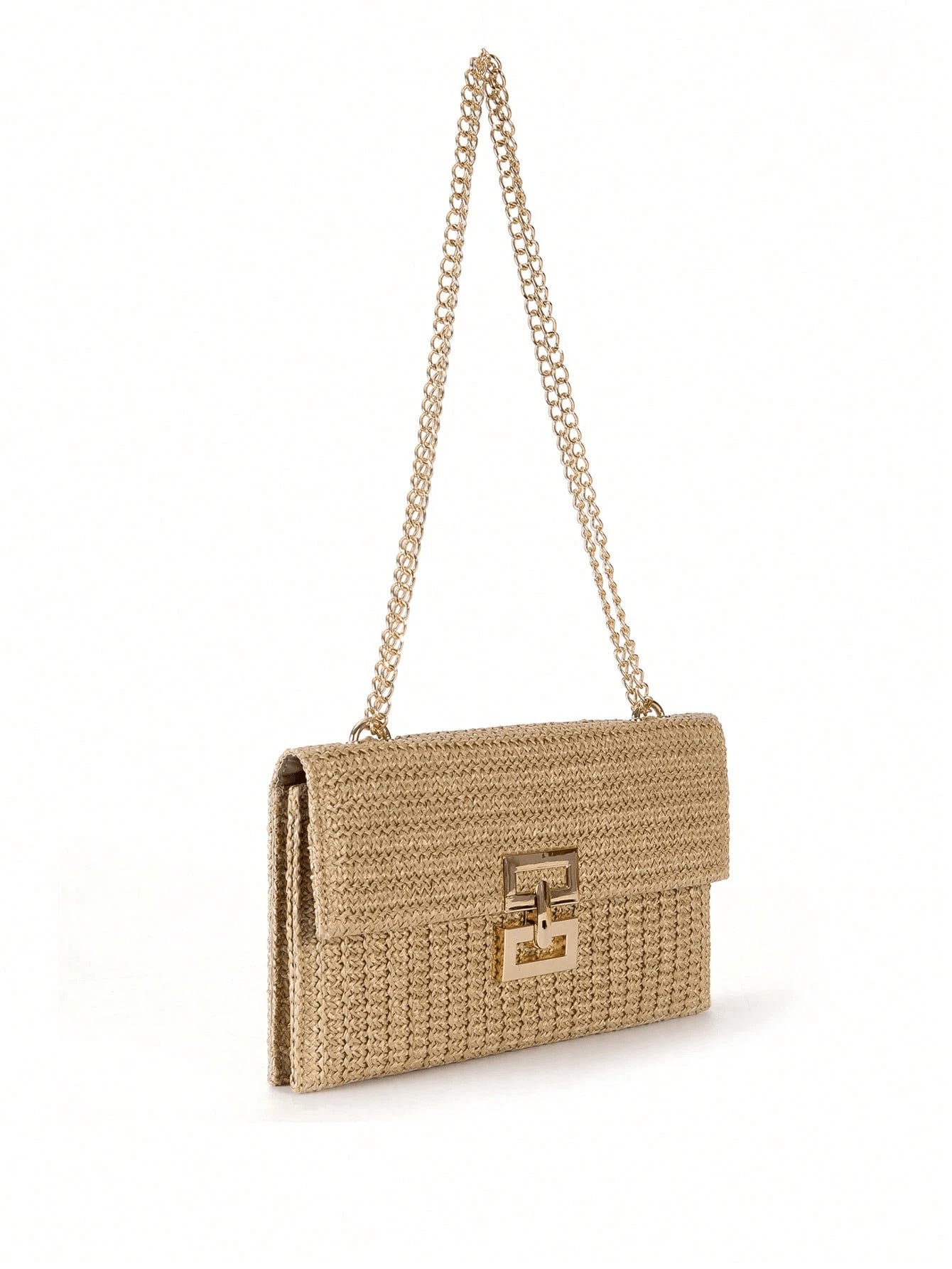 Women Twist Lock Flap Straw Beach Bag Chain Woven Purse Clutch