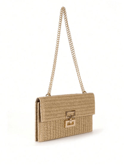 Women Twist Lock Flap Straw Beach Bag Chain Woven Purse Clutch