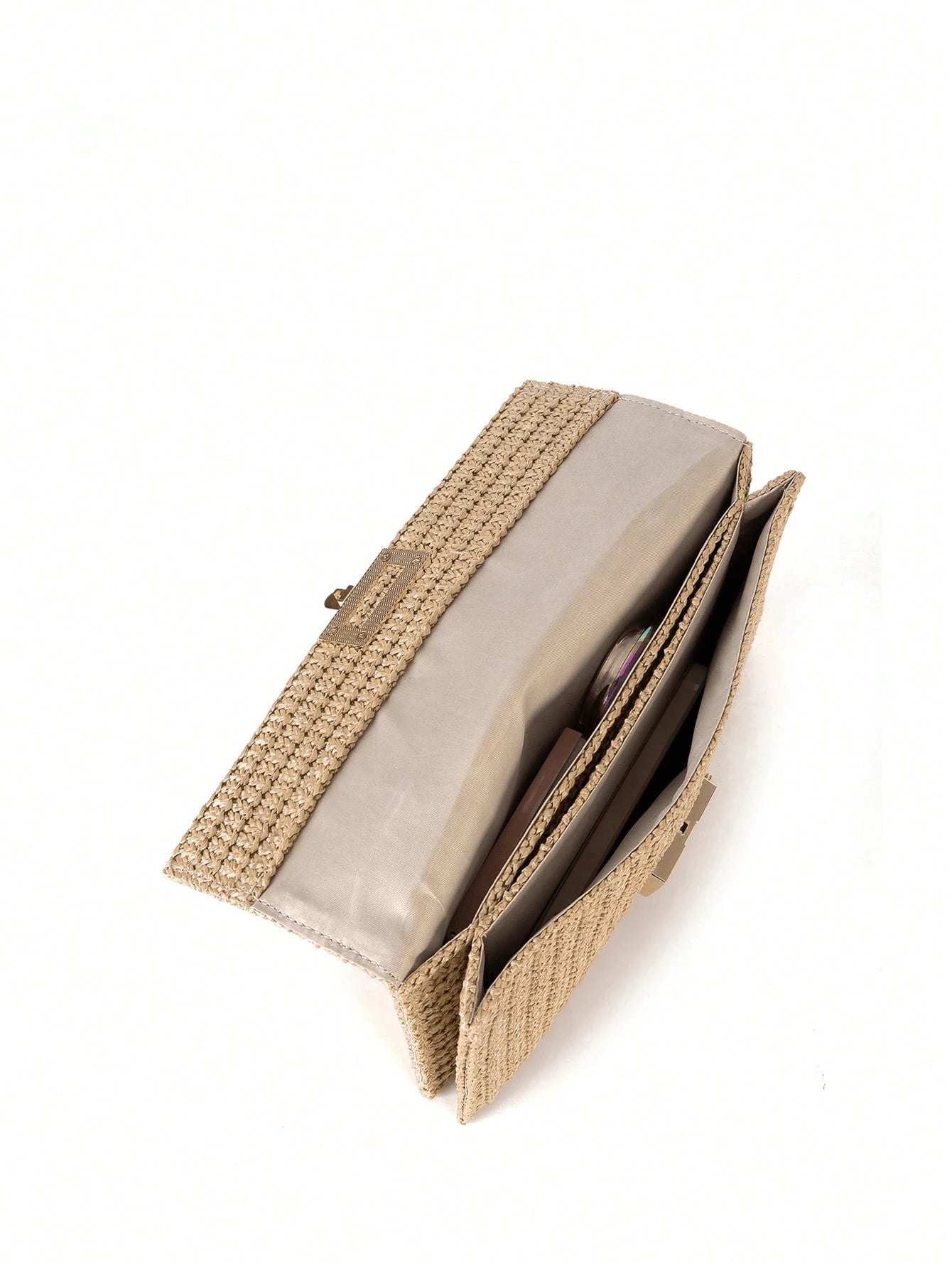 Women Twist Lock Flap Straw Beach Bag Chain Woven Purse Clutch