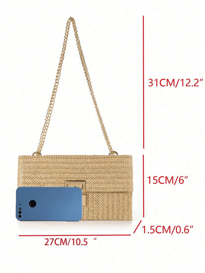 Women Twist Lock Flap Straw Beach Bag Chain Woven Purse Clutch