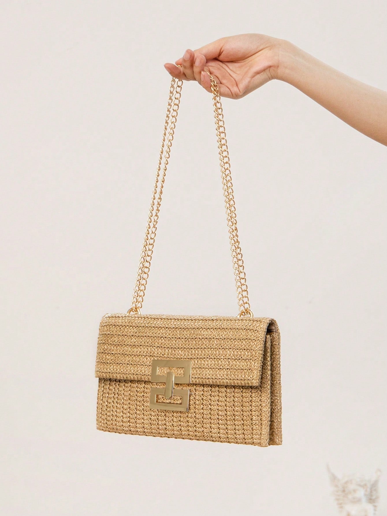 Women Twist Lock Flap Straw Beach Bag Chain Woven Purse Clutch