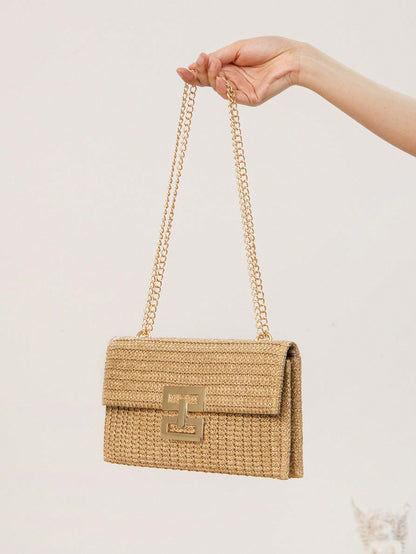 Women Twist Lock Flap Straw Beach Bag Chain Woven Purse Clutch