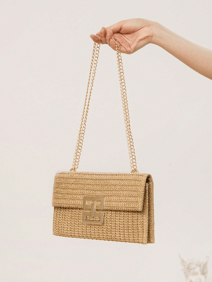 Women Twist Lock Flap Straw Beach Bag Chain Woven Purse Clutch