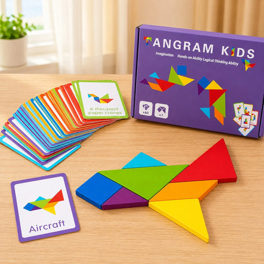 Wooden Tangram Puzzle Set With 60 Challenge Cards, Montessori Educational Shape Matching Toy For Kids Ages 3+