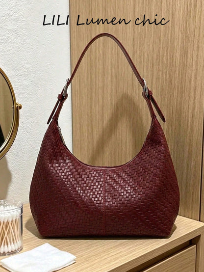 Woven Texture Decorative Durable Leather Fabric Zipper Closure Portable Underarm Bag Women's Daily Commute Outing Date Versatile Handbag Shoulder Bag