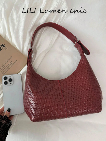 Woven Texture Decorative Durable Leather Fabric Zipper Closure Portable Underarm Bag Women's Daily Commute Outing Date Versatile Handbag Shoulder Bag