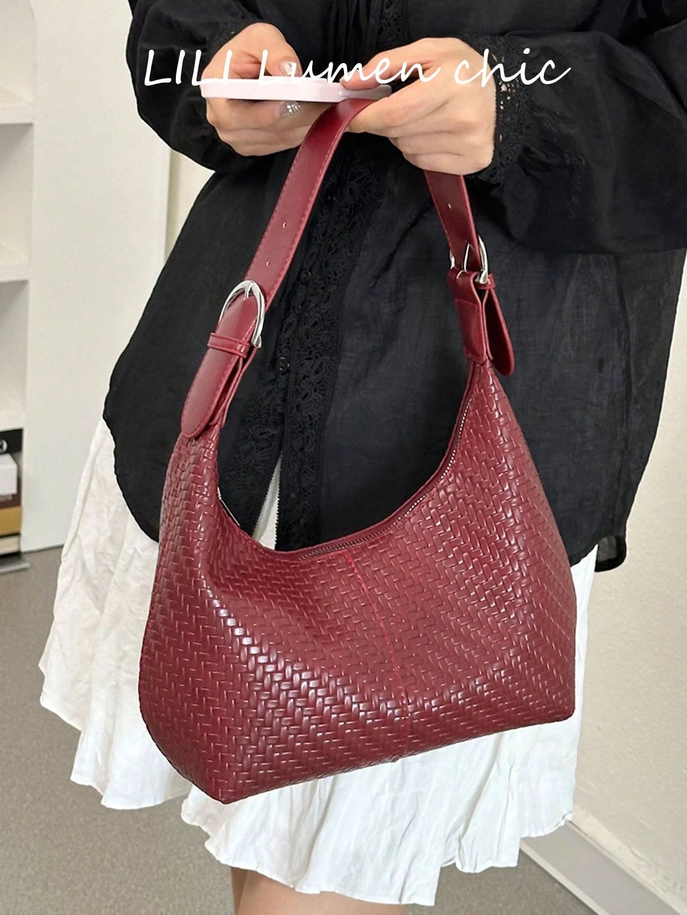 Woven Texture Decorative Durable Leather Fabric Zipper Closure Portable Underarm Bag Women's Daily Commute Outing Date Versatile Handbag Shoulder Bag