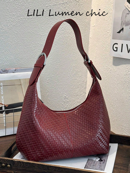 Woven Texture Decorative Durable Leather Fabric Zipper Closure Portable Underarm Bag Women's Daily Commute Outing Date Versatile Handbag Shoulder Bag