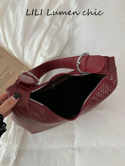 Woven Texture Decorative Durable Leather Fabric Zipper Closure Portable Underarm Bag Women's Daily Commute Outing Date Versatile Handbag Shoulder Bag