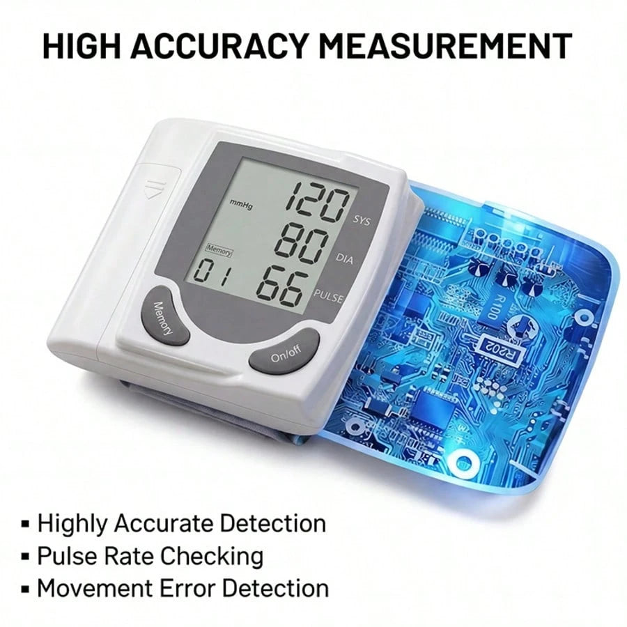 Wrist Digital Blood Pressure Monitor With Large LCD Screen-Including Hypertension Detector, Heart Rate And Pulse Measurement, Memory Function And Battery Power Supply (Excluding Battery)