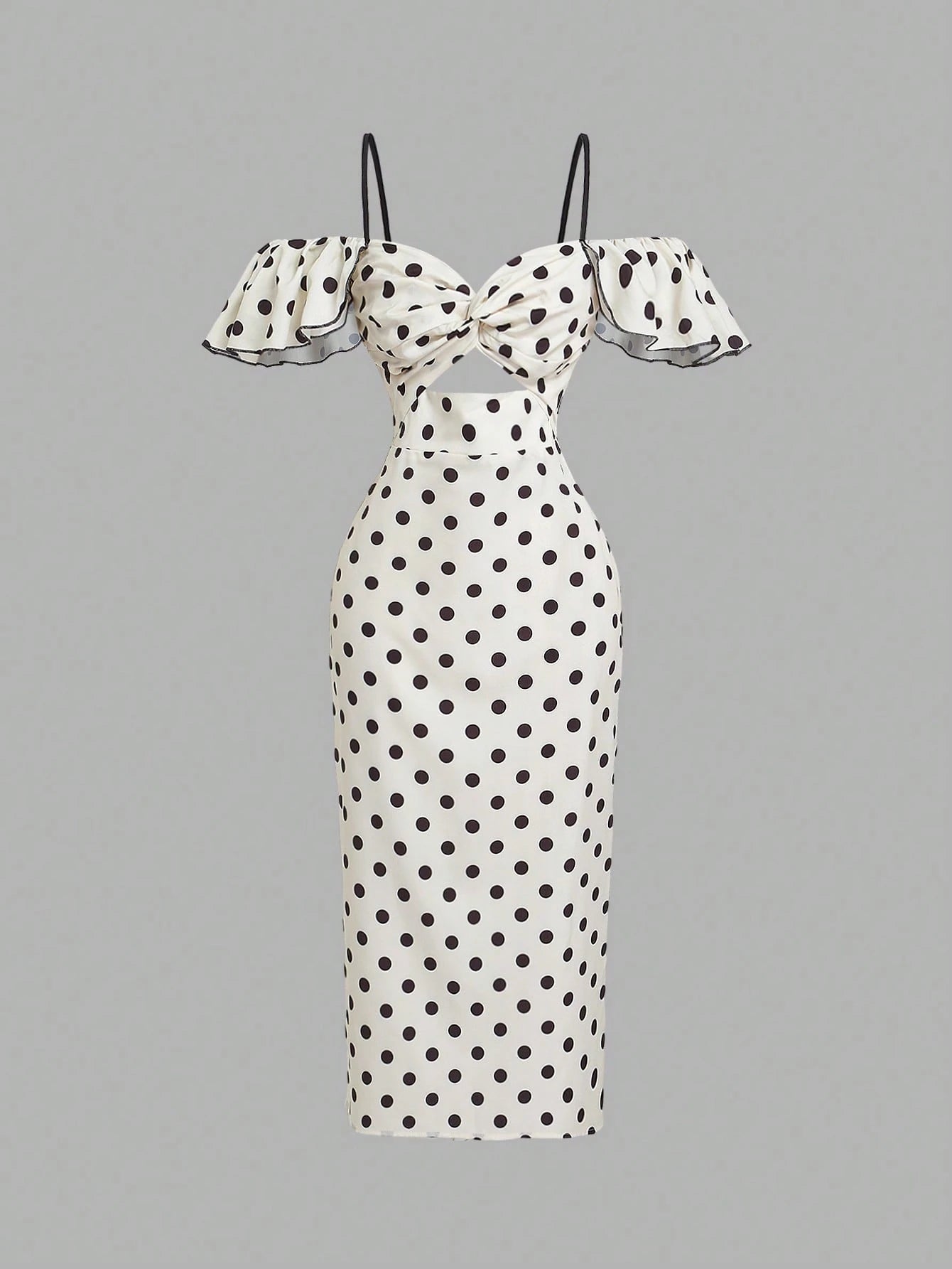 X Belle Mariano MOD Off Shoulder Frill Trim White With Black Polka Dots Elegant Dress Vacation Summer