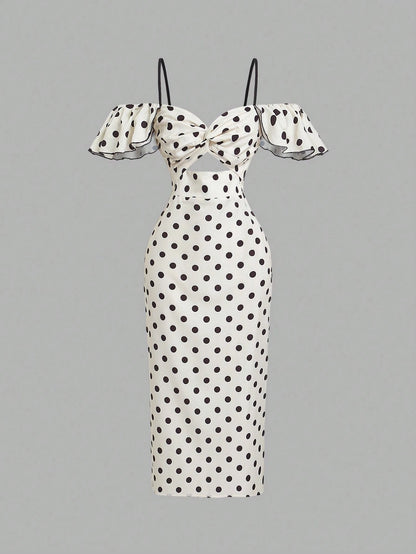 X Belle Mariano MOD Off Shoulder Frill Trim White With Black Polka Dots Elegant Dress Vacation Summer