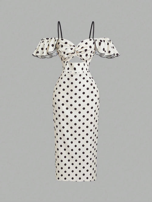 X Belle Mariano MOD Off Shoulder Frill Trim White With Black Polka Dots Elegant Dress Vacation Summer