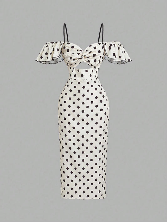 X Belle Mariano MOD Off Shoulder Frill Trim White With Black Polka Dots Elegant Dress Vacation Summer