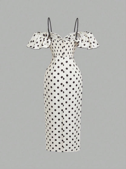 X Belle Mariano MOD Off Shoulder Frill Trim White With Black Polka Dots Elegant Dress Vacation Summer