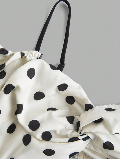 X Belle Mariano MOD Off Shoulder Frill Trim White With Black Polka Dots Elegant Dress Vacation Summer