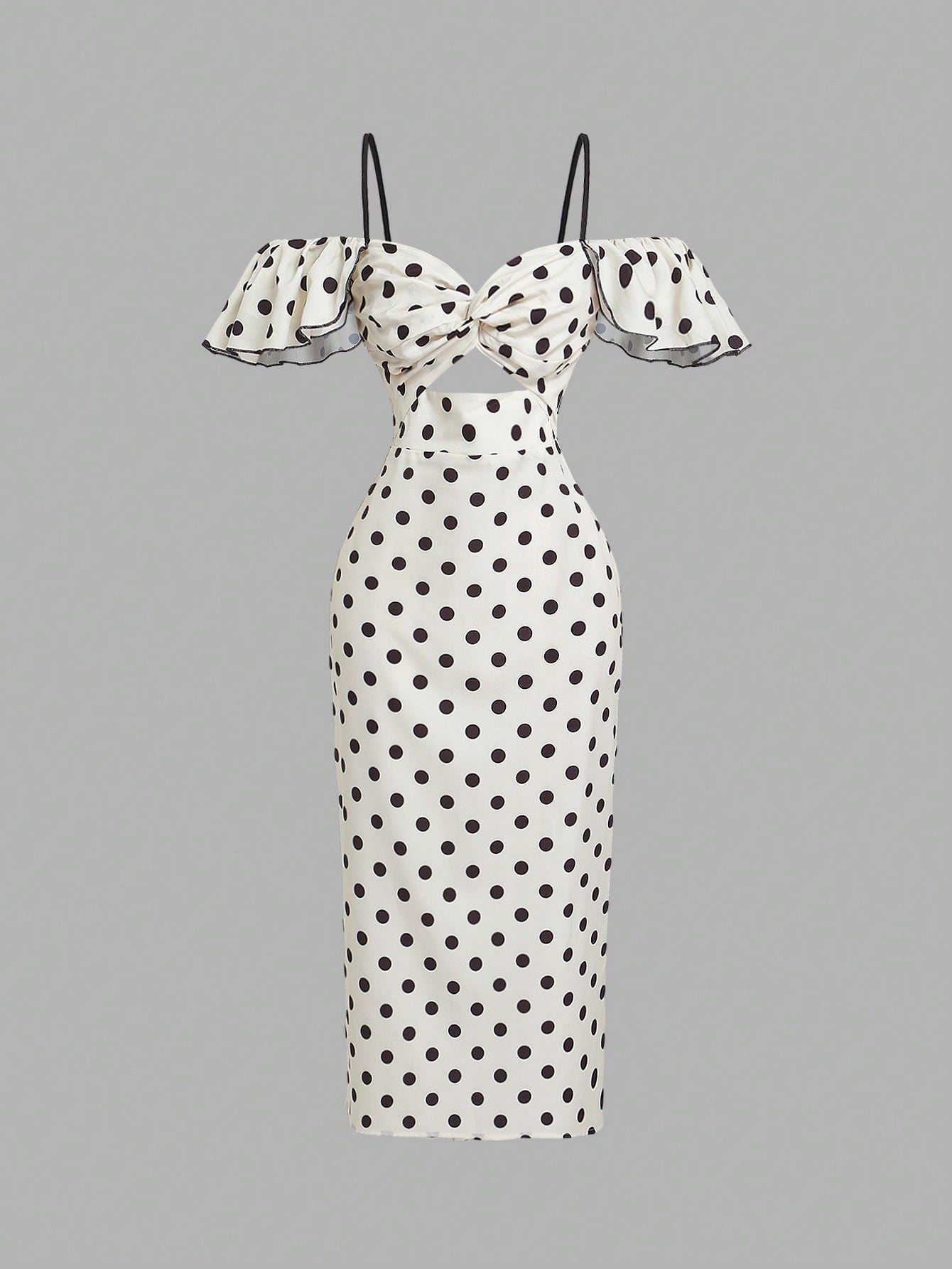 X Belle Mariano MOD Off Shoulder Frill Trim White With Black Polka Dots Elegant Dress Vacation Summer