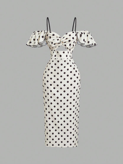 X Belle Mariano MOD Off Shoulder Frill Trim White With Black Polka Dots Elegant Dress Vacation Summer