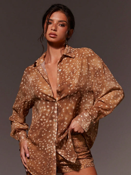 X GALILEA Athîral Women's Brown Summer Casual Deer Print Loose-Fitting Shirt,Long-Sleeved Semi-Sheer Graphic Blouses For Brunch,Vacation,Beach,Spring & Summer Holidays