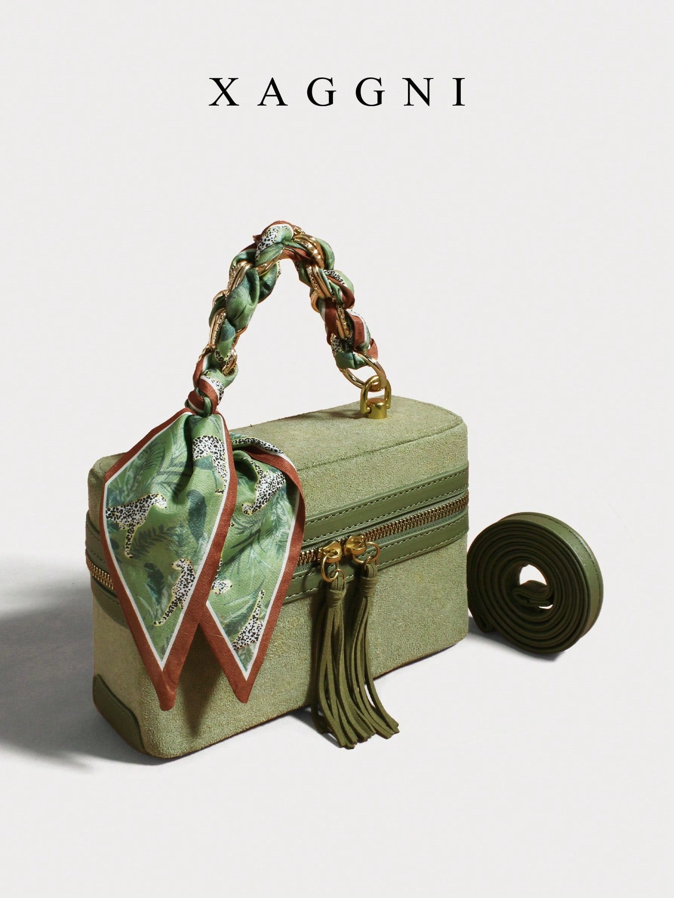 XAGGNI Green Boxy Crossbody Bolso Bandolera With Silk Scarf Detail, Mini Handheld Shoulder Bag, Retro Suede Handbag, Casual Vacation Purse With Tassel
