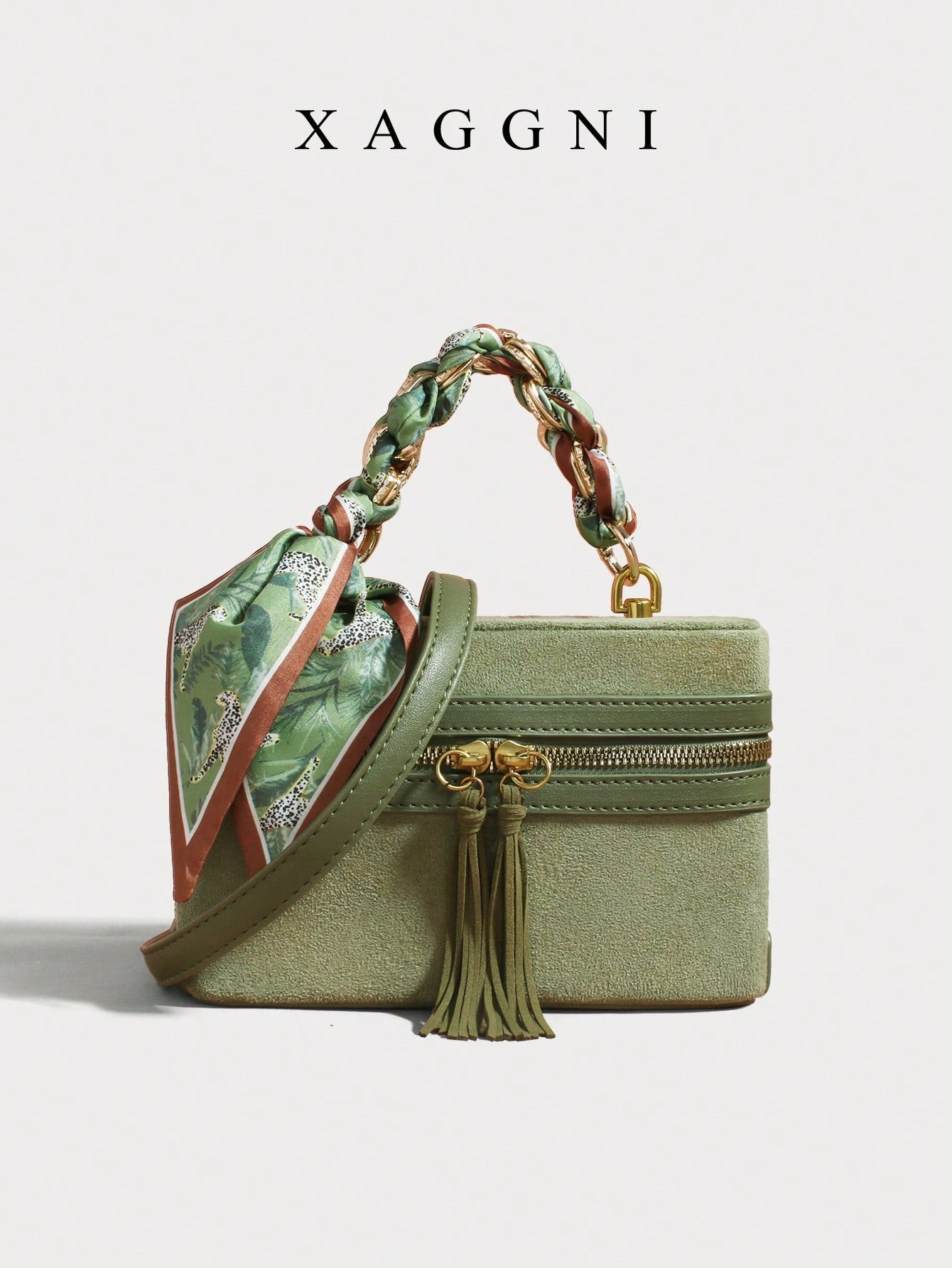 XAGGNI Green Boxy Crossbody Bolso Bandolera With Silk Scarf Detail, Mini Handheld Shoulder Bag, Retro Suede Handbag, Casual Vacation Purse With Tassel