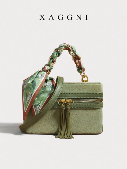 XAGGNI Green Boxy Crossbody Bolso Bandolera With Silk Scarf Detail, Mini Handheld Shoulder Bag, Retro Suede Handbag, Casual Vacation Purse With Tassel