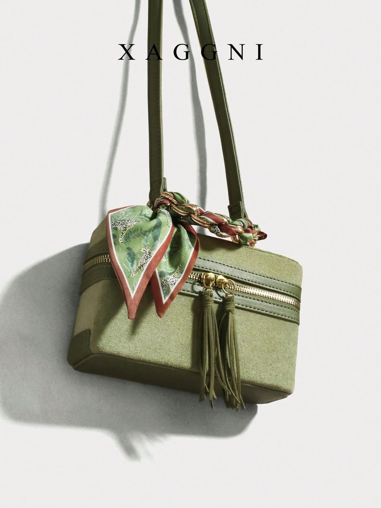 XAGGNI Green Boxy Crossbody Bolso Bandolera With Silk Scarf Detail, Mini Handheld Shoulder Bag, Retro Suede Handbag, Casual Vacation Purse With Tassel