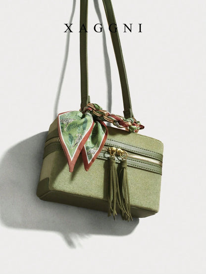 XAGGNI Green Boxy Crossbody Bolso Bandolera With Silk Scarf Detail, Mini Handheld Shoulder Bag, Retro Suede Handbag, Casual Vacation Purse With Tassel