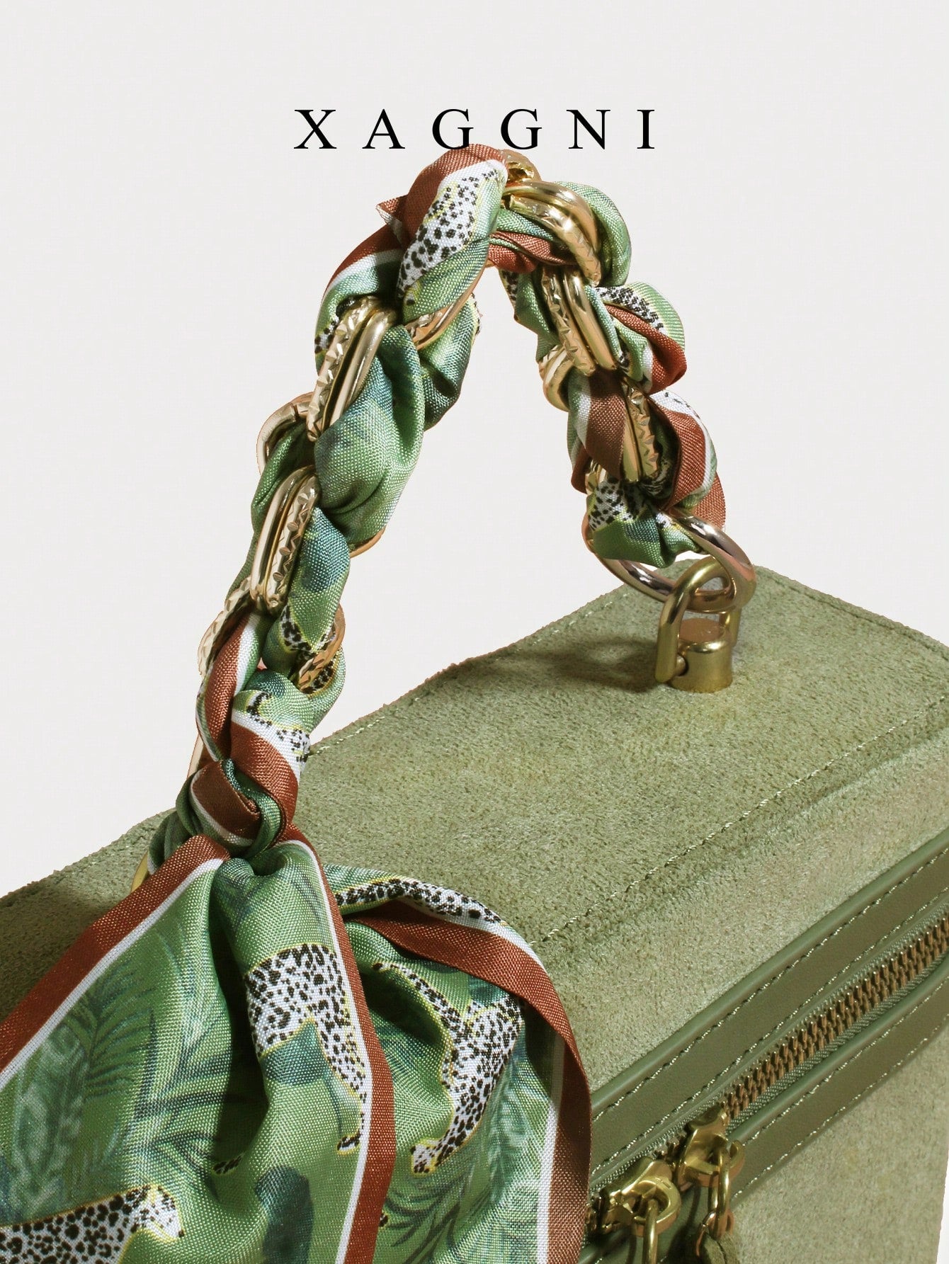 XAGGNI Green Boxy Crossbody Bolso Bandolera With Silk Scarf Detail, Mini Handheld Shoulder Bag, Retro Suede Handbag, Casual Vacation Purse With Tassel