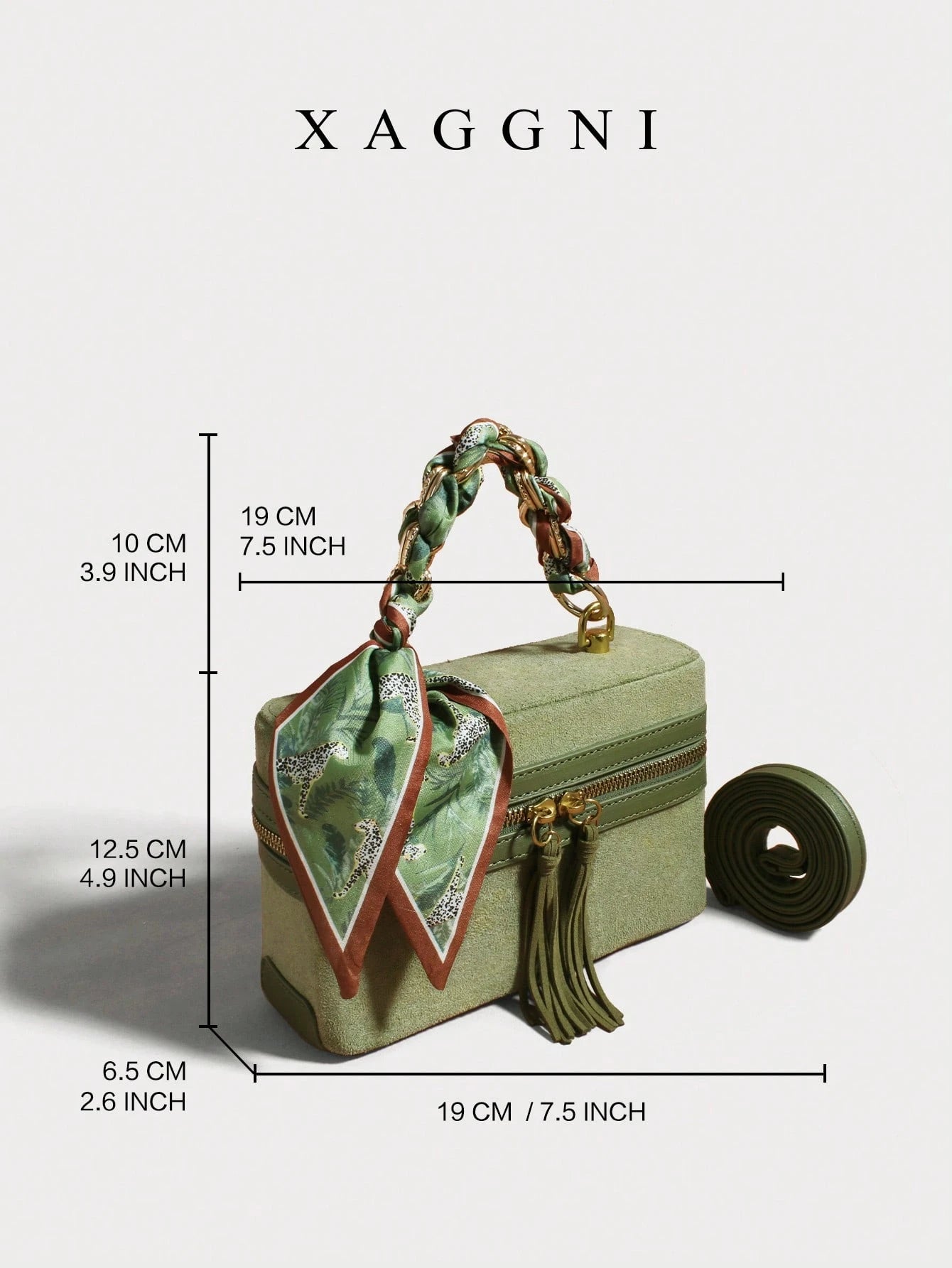 XAGGNI Green Boxy Crossbody Bolso Bandolera With Silk Scarf Detail, Mini Handheld Shoulder Bag, Retro Suede Handbag, Casual Vacation Purse With Tassel