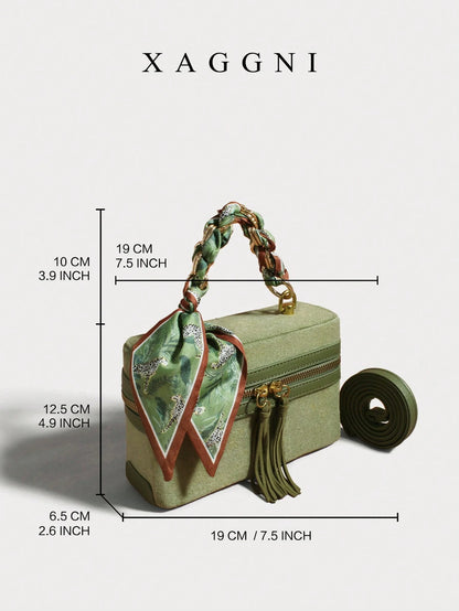 XAGGNI Green Boxy Crossbody Bolso Bandolera With Silk Scarf Detail, Mini Handheld Shoulder Bag, Retro Suede Handbag, Casual Vacation Purse With Tassel